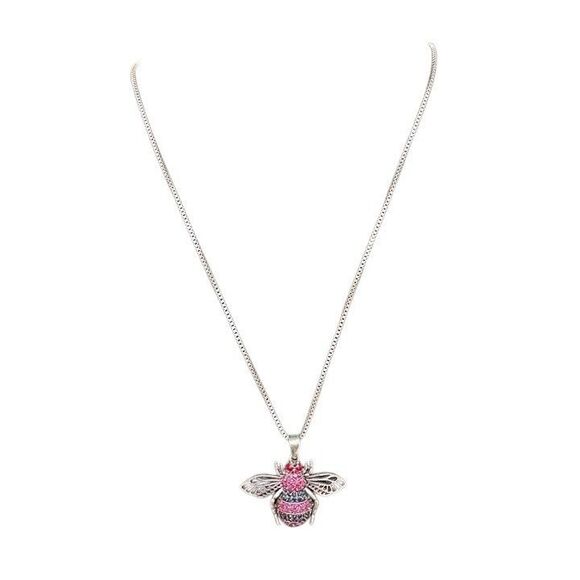 BETSEY JOHNSON Pink Crystal Bee Pendant Necklace Silver Tone Chain - Picture 2 of 3
